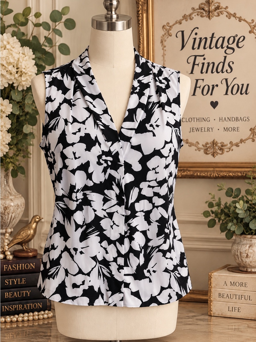 Calvin Klein Black & White Floral Sleeveless Blouse XL
